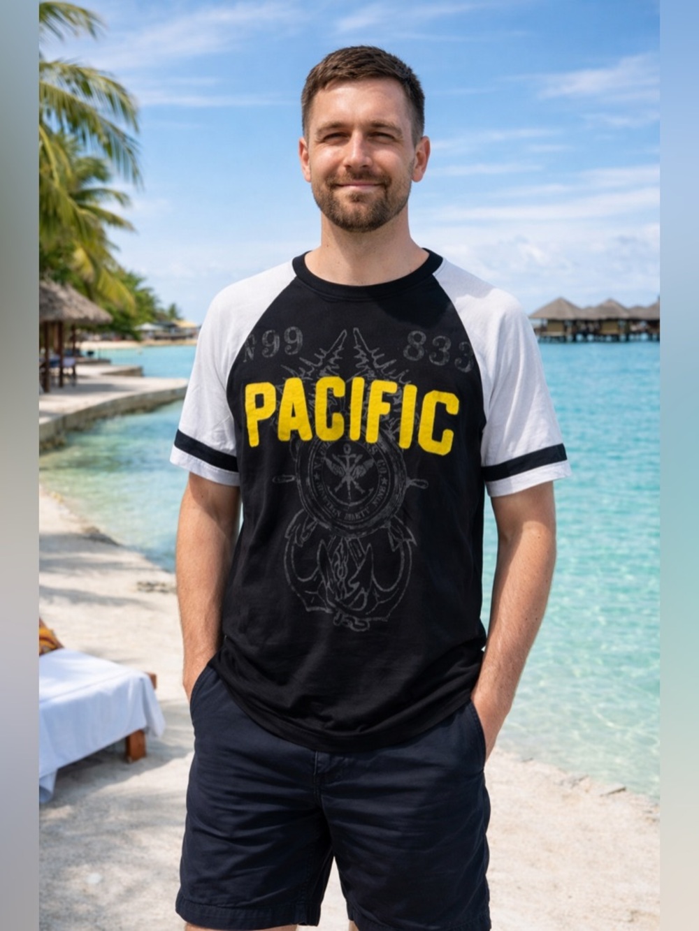 Nautica Black & White Raglan Tee with Yellow PACIFIC Print